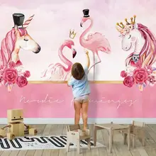 Пользовательские Большие Настенные обои розовый Ручная роспись Любовь Фламинго Единорог Обои для рабочего стола