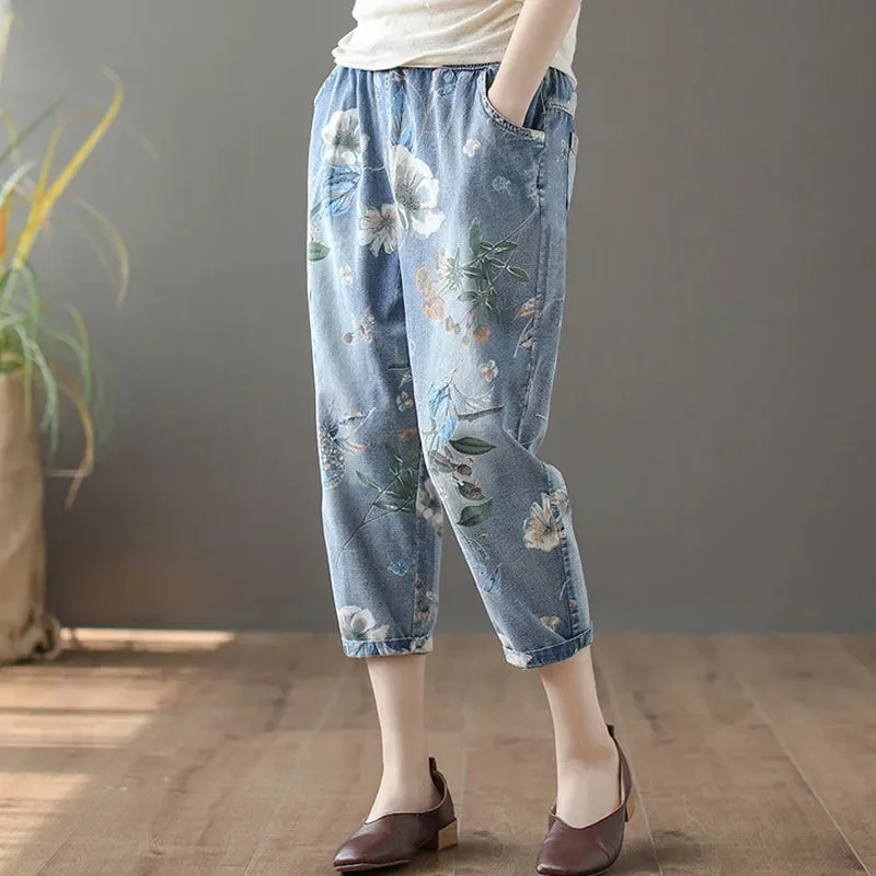 Retro Printed Jeans Women 2022 Summer New Thin Loose Elastic Waist Harem Pants Female Fashion Calf-Length Denim Pants Vintage