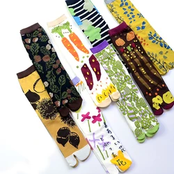 Women Cartoon Cotton Two Toe Socks Japanese Multicolor Jacquard Split Toe Socks Flowers Art Cute Middle Tube Tabi Sock