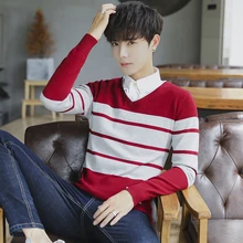 Осенне-зимний мужской хлопковый полосатый свитер с v-образным вырезом, тонкий модный трендовый свитер
