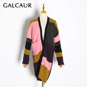 

GALCAUR Patchwork Hit Color Women's Sweater V Neck Long Sleeve Oversize Casual Knitting Female Cardigans 2020 Autumn Fashion New