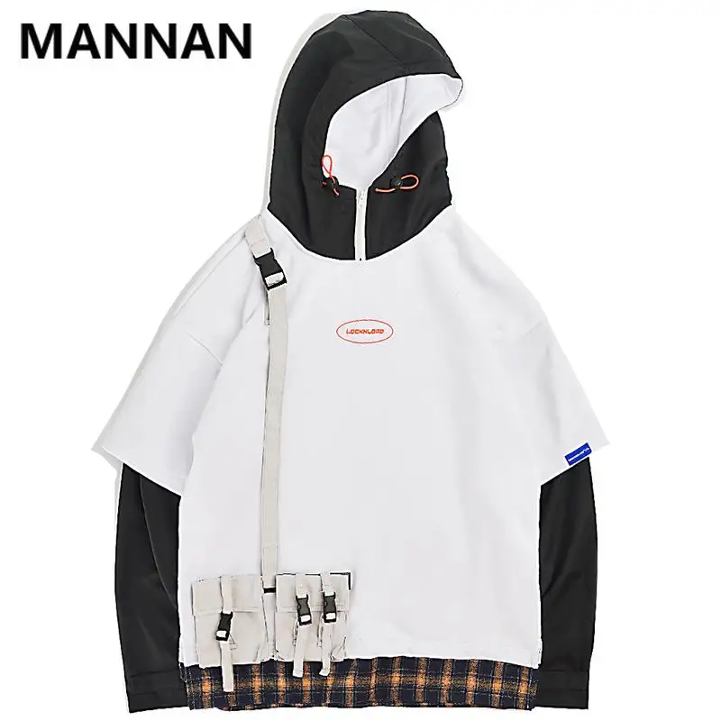 MANNAN/съемные Лоскутные толстовки с капюшоном и передними карманами; Мужской Повседневный пуловер с капюшоном; имитация двух частей; уличная одежда; толстовки унисекс - Цвет: White