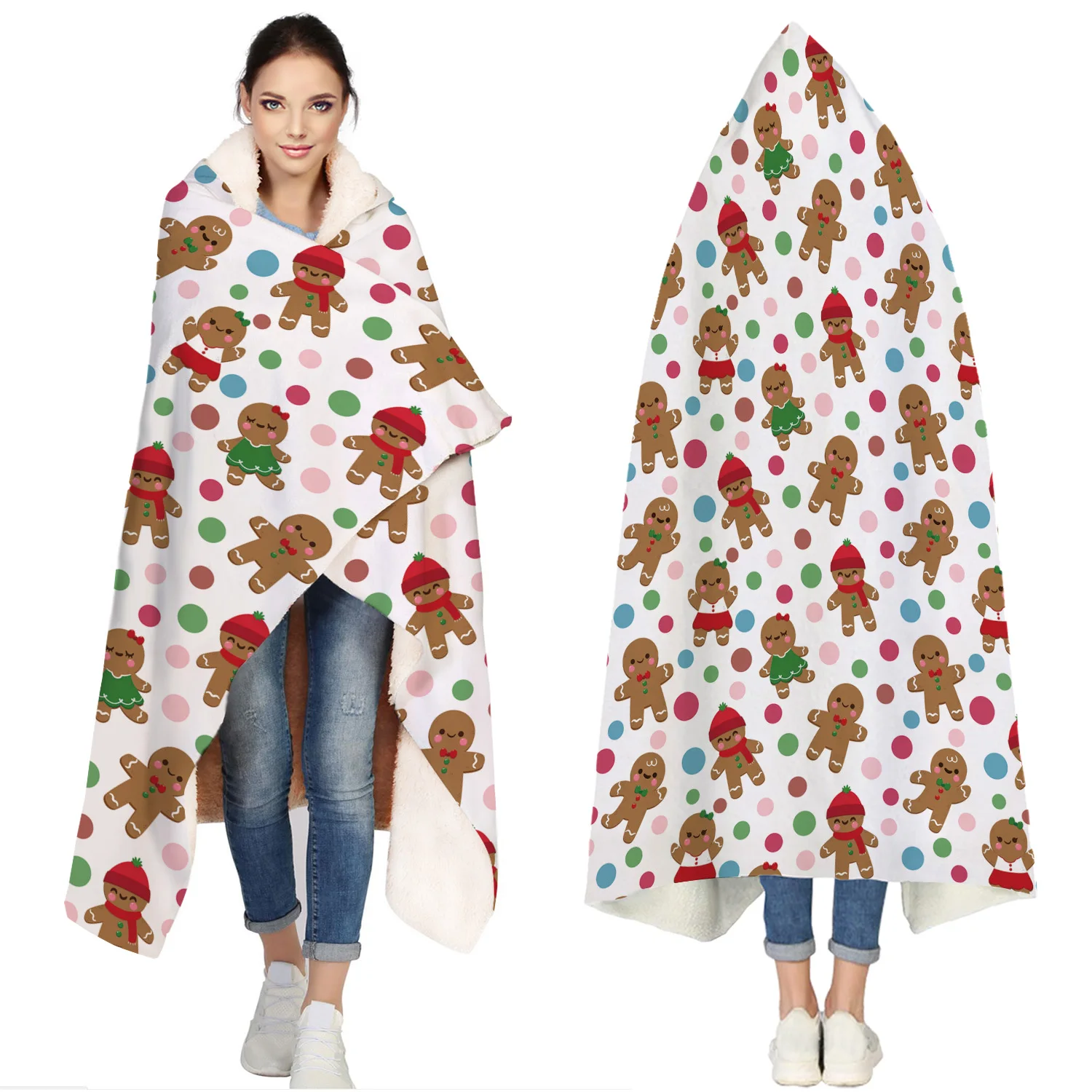 

Christams Santa Present Snowman Portable Wearable Fluffy Custom Hooded Blanket Fleece Hooded Throw WrapBed Blanket