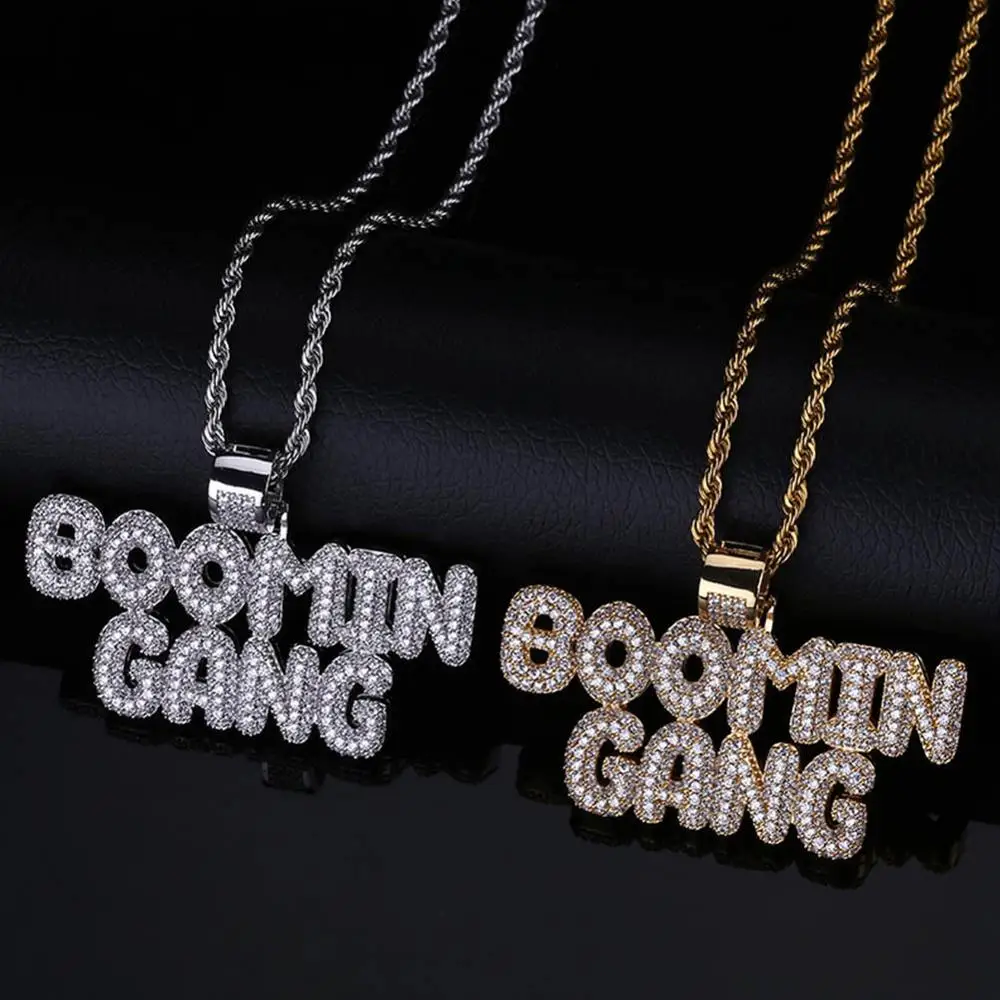 Hip Hop AAA Cubic Zirconia Bling Iced Out BOOMIN GANG Bubble Letters Pendants Necklace for Men Rapper Jewelry Drop Shipping | Украшения и
