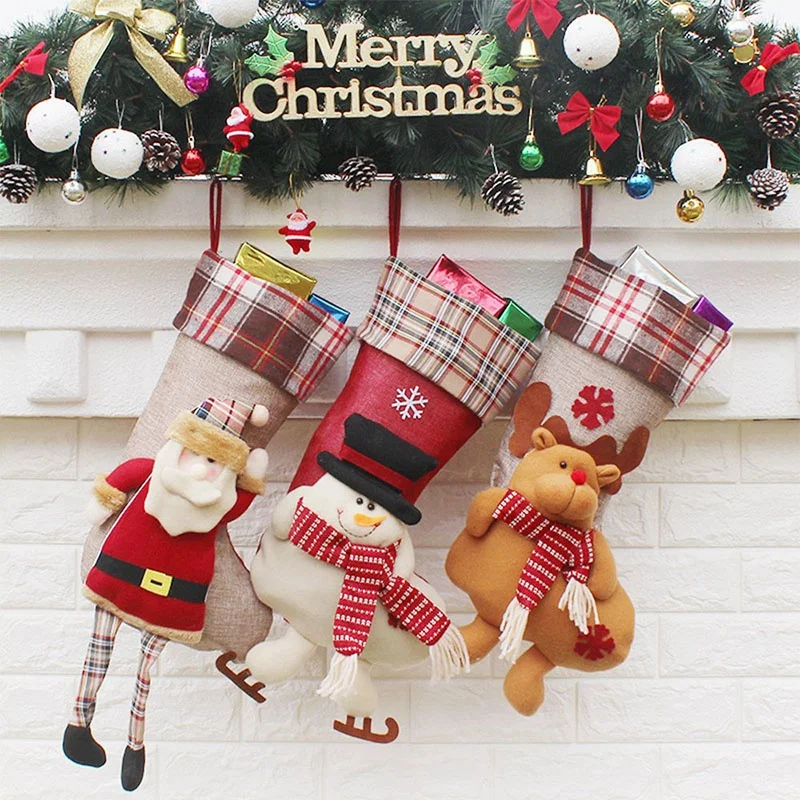 

Promotion! Christmas Stockings (3 Pack) Decorations 18 Inch Cute Santa, Deer, Snowman Candy Socks Gifts Bag, 3D Applique Style,