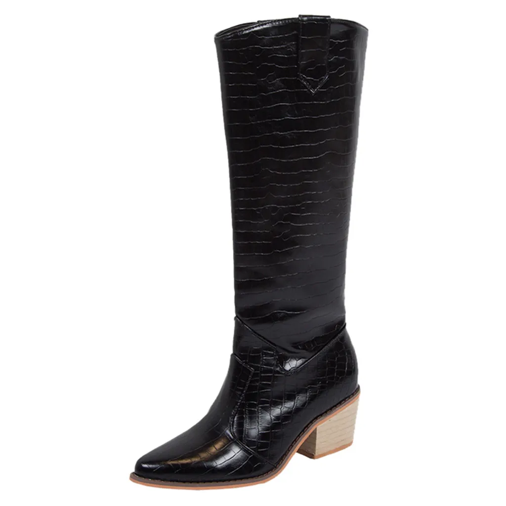 Женские ботинки «Челси» с узором «Аллигатор»; высокие сапоги-трубы до середины голени; зимние кожаные сапоги до колена; стильная обувь с острым носком на высоком каблуке - Цвет: Черный