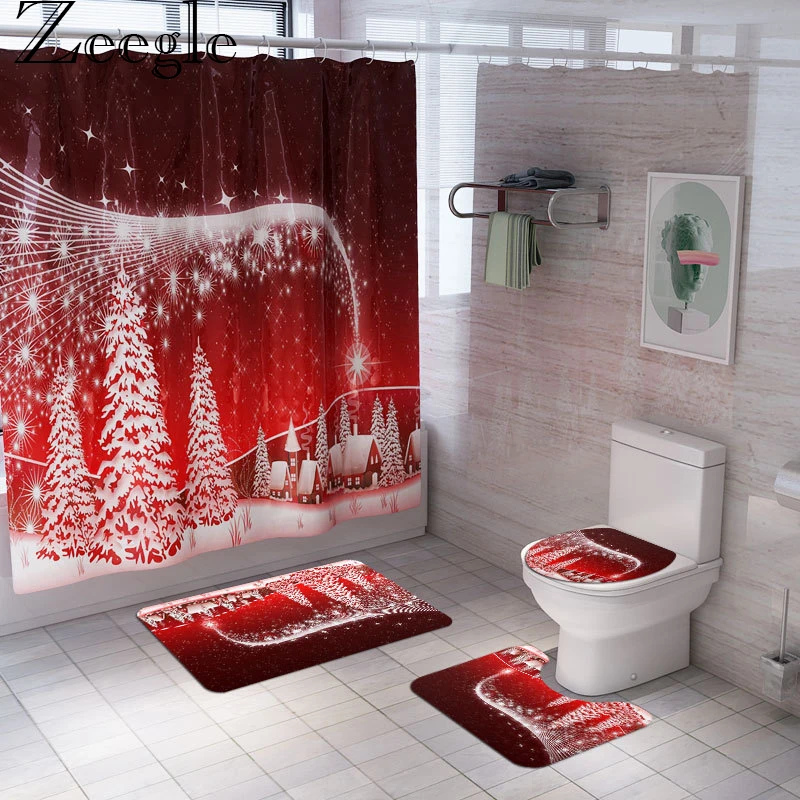 Zeegle Christmas Bathroom Curtain Anti-slip Bath Mat Bathroom Carpet Absorbent Shower Carpet Foot Mat Washable Bath Mat Set