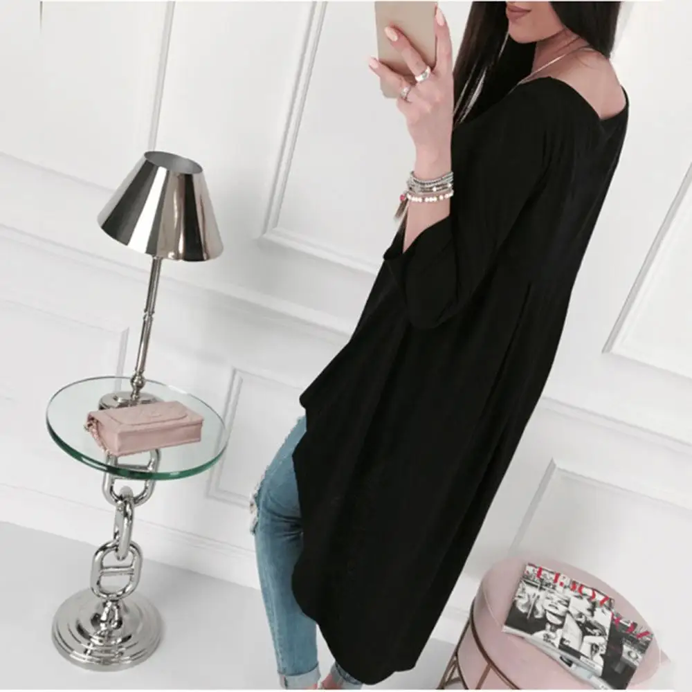 Женское платье с длинным рукавом и круглым вырезом однотонное свободное