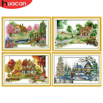 

HUACAN Cross Stitch Set Four Seasons Counted DIY DMC Embroidery Scenery Needlework Home Decor 11CT 14CT