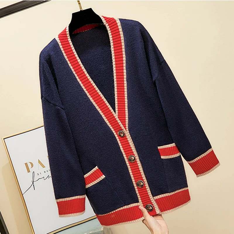 

Women Autumn Euro-preppy Sweater Knitted Breasted Button Oversize Loose Female Cardigan Outwear Students Sweaters Patchwork