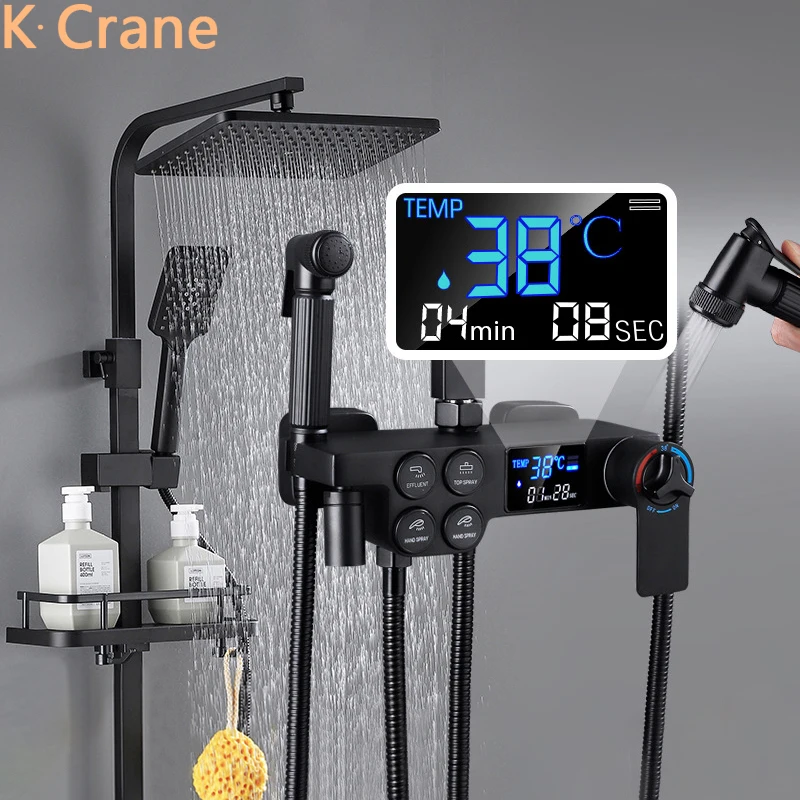 Hot Cold Mixer Shower Set Bathroom Smart Thermostatic System Square Head Automatic Bath Faucet Wall Mount Luxury Black | Обустройство