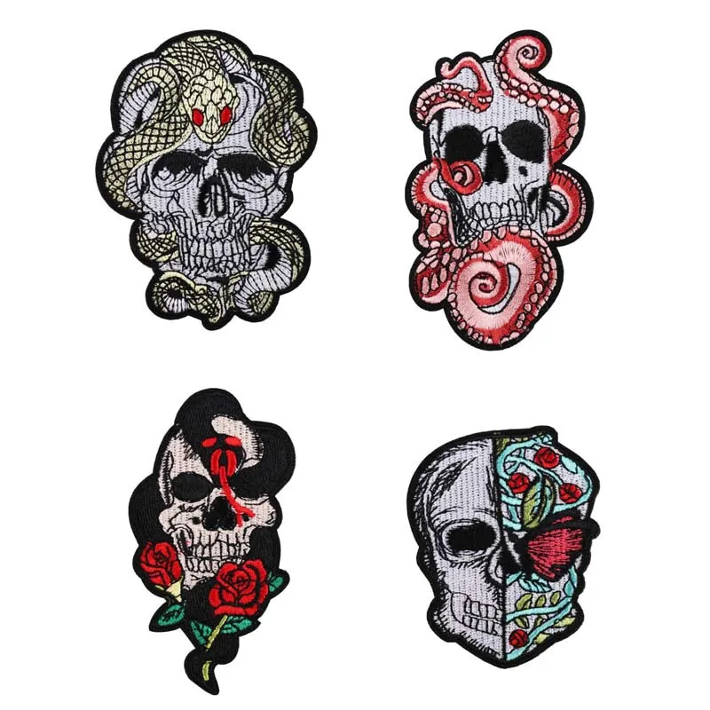 1 PCS Punk Series Rose Flower Embroidery Patches Iron T-Shirt Jackets Coats Sew on Fabric Clothes Skeleton Skull Appliques | Дом и сад