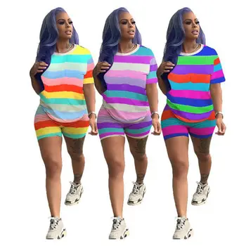 

Plus Size Rainbow Striped summer Two Piece Set Tracksuit Women Sexy Top+Biker Shorts Sweat Suits 2 Piece Outfits Matching Sets