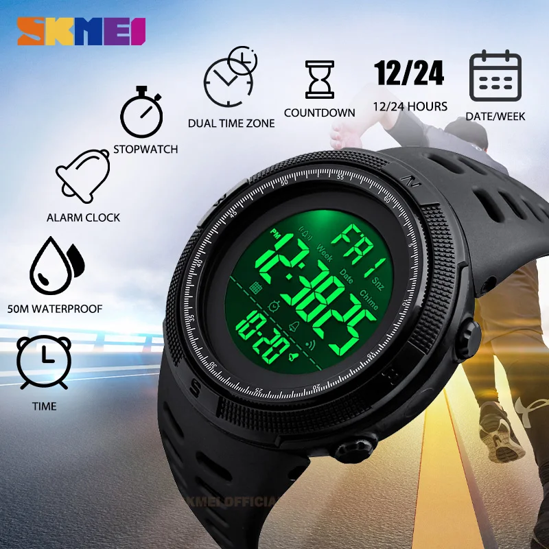 SKMEI Hombres Deportes Relojes de Cuenta Regresiva de Doble Tiempo Reloj Crono Alarma Digital Relojes de Pulsera 50 M Impermeable Relogio masculino 1251