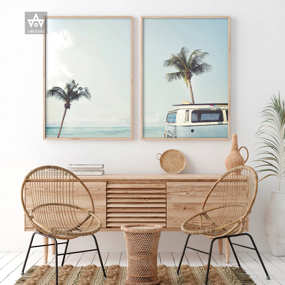 Ocean Palm Leaf Canvas Poster Nordic Beach Blue Bus Wall Art Print Painting Decoration Picture Scandinavian Home Decor | Дом и сад