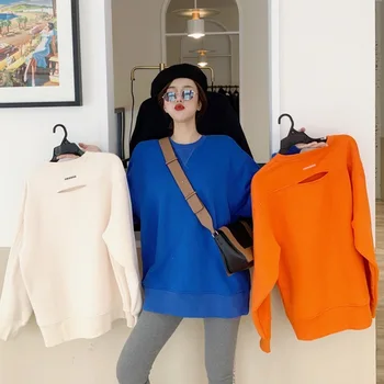 

Uus One Size Hoodie Medium-Length Plus Velvet Long Loose-Fit Crew NeLadies Pullover Thi Pullovers -50