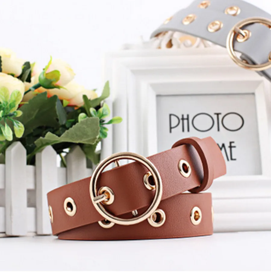 

Women Belt Leather Belt Round Metal Pin Buckle Circle Belts For Women Punk Hollow Waistband Strap Ladies Jeans Accessories
