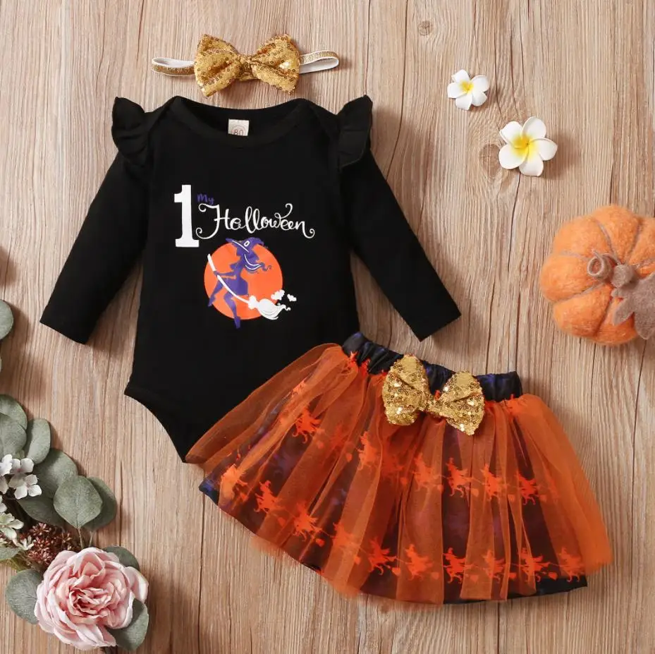 Baby Girls Halloween Clothes Set Long Sleeve Letter Printed Romper Multicolor Yarn Skirt Headdress Halloween Costume baby clothing set red	 Baby Clothing Set