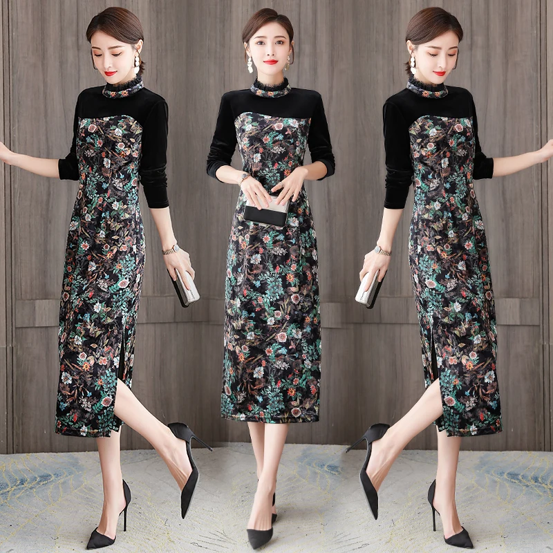 

dress for women long Autumn And Winter new gold velvet dress young lady long-sleeved dress elegant fashion over the knee Party