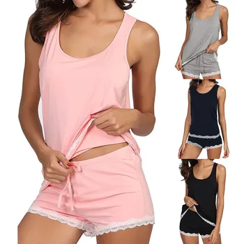 

2019 Womens Pajama Set Striped Sleeveless Sleepwear Sets Bamboo Tank And Shorts Set pyjamas women pijama mujer pizama damska