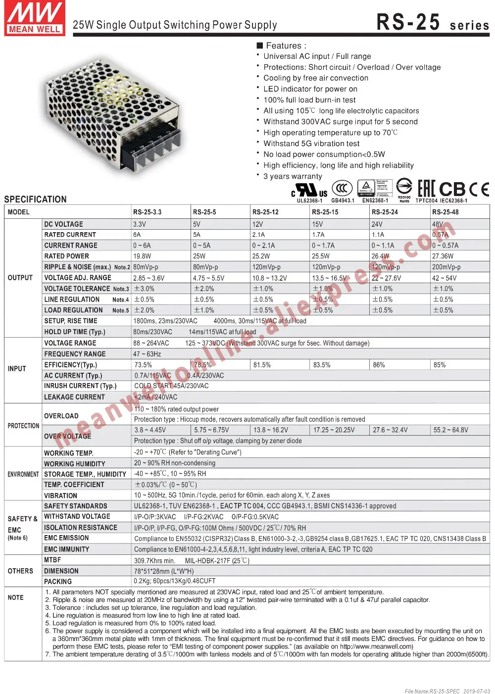 Mean Well RS-25-24 AC/DC 26,4 W/1.1A/24 V Одиночный выход импульсный источник питания meanwell Интернет-магазин