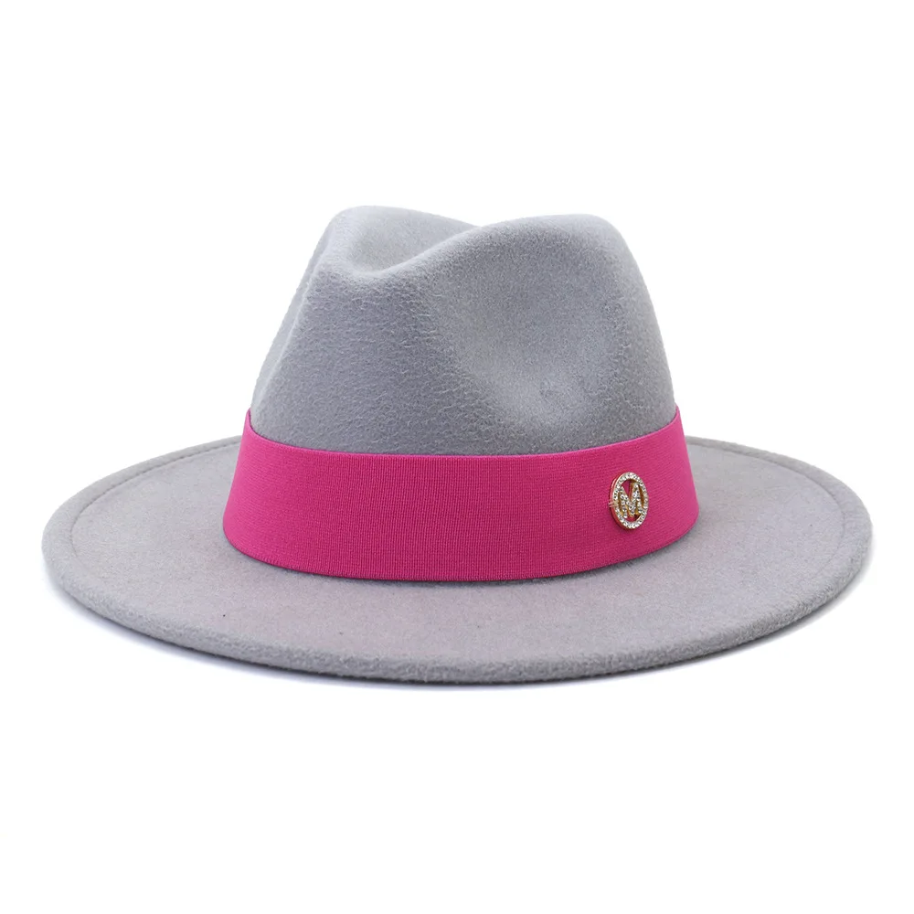 mens straw fedora Women Hats British Style M letter Ribbon Band Felt Fedora Hats Winter Autumn Wide Brim Pink Dress Formal Jazz Wedding Hat felt fedora hat