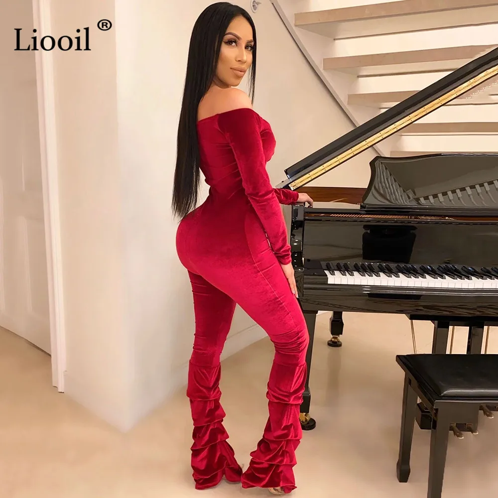 Liooil, с открытыми плечами, бархатный, с рюшами, Облегающий комбинезон, для женщин, сексуальная клубная одежда, с длинным рукавом, с v-образным вырезом, открытые, облегающие, вечерние, Клубные Комбинезоны