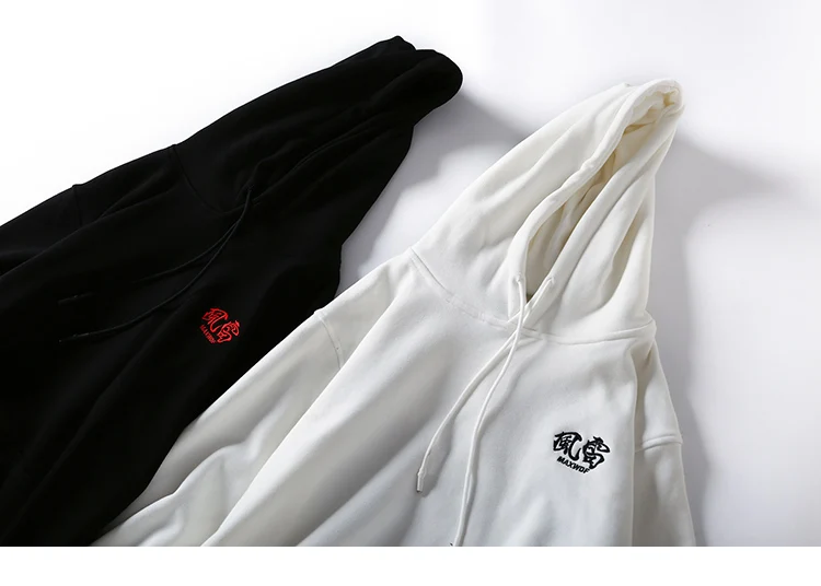 Men Hip Hop Hoodie Sweatshirt Embroidered Thunder Wind Harajuku Chinese Streetwear Hooded Pullover Cotton Winter Hoodies