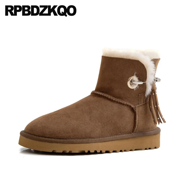 Botas de nieve australianas para mujer, zapatos planos informales con flecos  de piel de oveja y punta redonda, tobilleros de piel auténtica, talla  grande, 10|Botas de nieve| - AliExpress