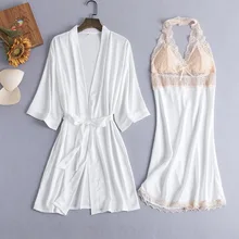 Белый женский пижамный комплект из 2 предметов, кружевное ночное белье, сексуальное кимоно, ночная рубашка с v-образным вырезом и открытой спиной, ночной халат, ночная рубашка