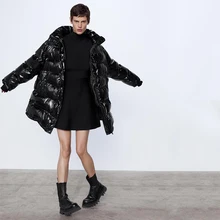 ZA яркий черный пуховик для женщин воротник с длинным рукавом Монолитное свободное плотное пальто куртка модная теплая одежда из хлопка