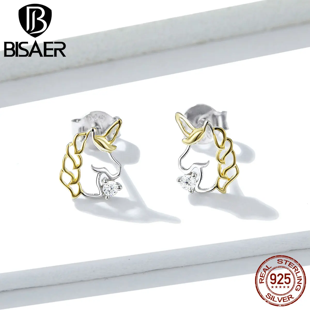 Unicorn Earrings BISAER 925 Sterling Silver Pure Love Licorne Unicorn Exquisite Stud Earrings for Women Silver Jewelry EFE234