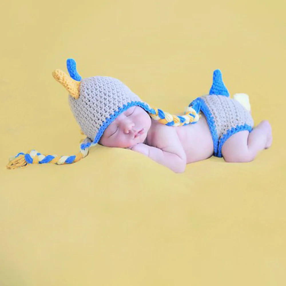 

Newborn Crochet Photography Props Baby Boys Dinosaur Beanies Hat with Diaper Cover Handmade Knitted Photo Props Costume