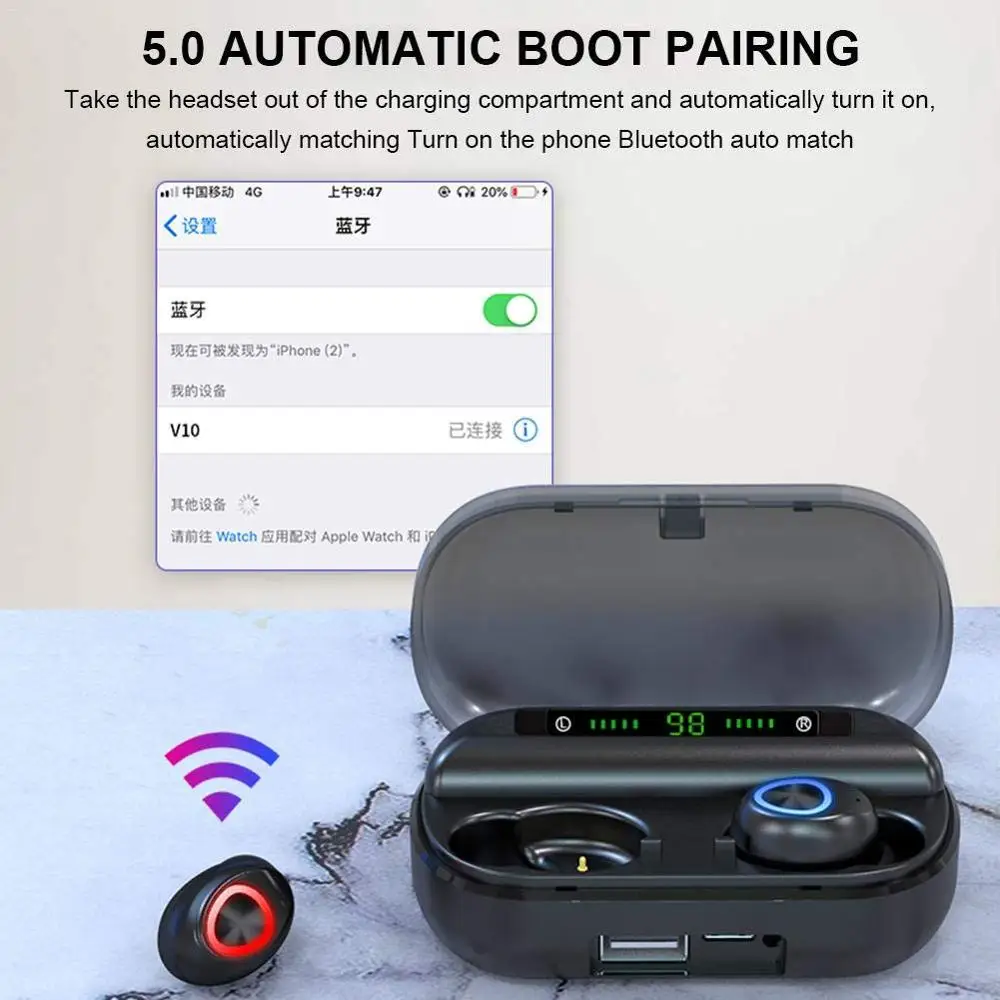 V10 TWS Wireless Earphones Bluetooth LED Display 5 0 Waterproof Earbuds Handsfree Headset Sports Headphones With Microphone