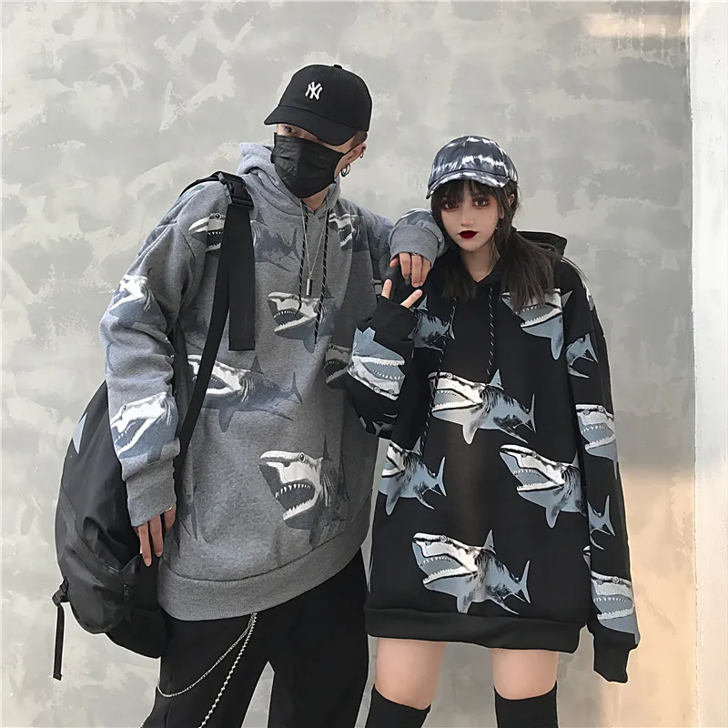 

2020 Autumn Winter Hot Sale shark print men's hoodies Oversized Harajuku hip hop streetwear funny Casual Couple Warm sweatshirt