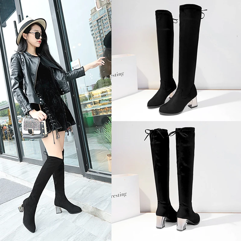 

High Heel Boots Lace Up Women's Shoes Autumn Bootee Woman 2019 Booties Ladies Low Heels booties Round Toe Luxury Designer