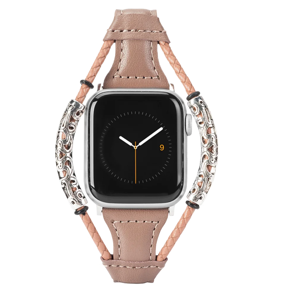 PinkGrey Кожаный ремешок для Apple Watch Band для женщин тонкий переплетение двойное кольцо браслеты Замена Группа аксессуары для iwatch 4/3/2/1 - Цвет ремешка: PinkGrey