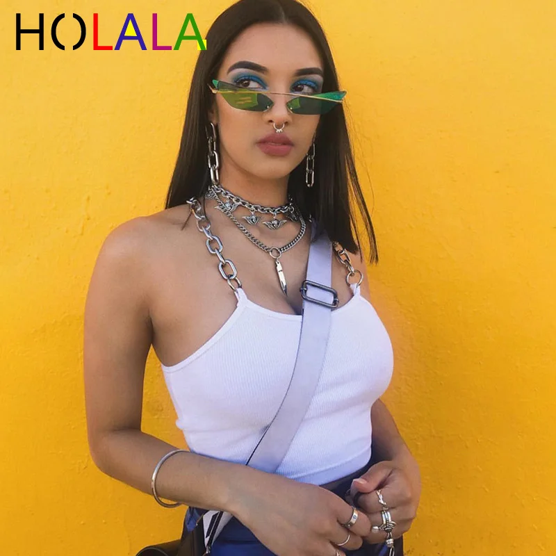 

HOLALA Chains Spaghetti Straps Neon Green Patchwork Sexy 2020 Spring Summer Women Fashion Club Party Streetwear Female Crop Vest