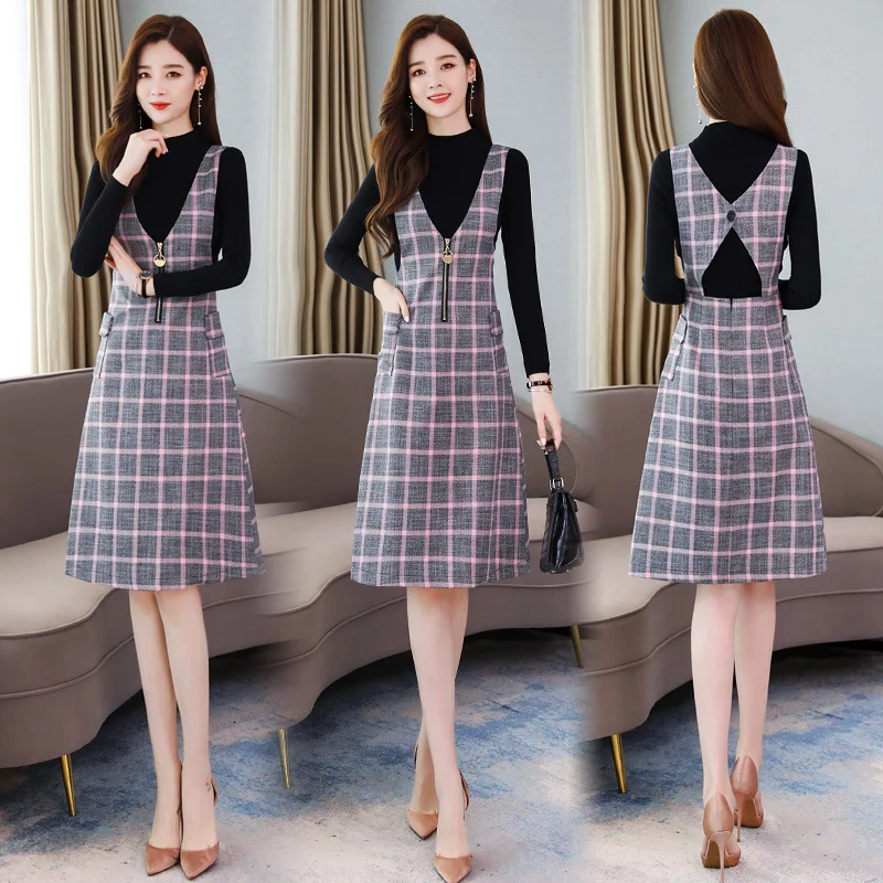 

Mid-length 2019 Autumn Fashion Elegant Slimming Plaid V-neck Ladies' Set/Suit Skirt