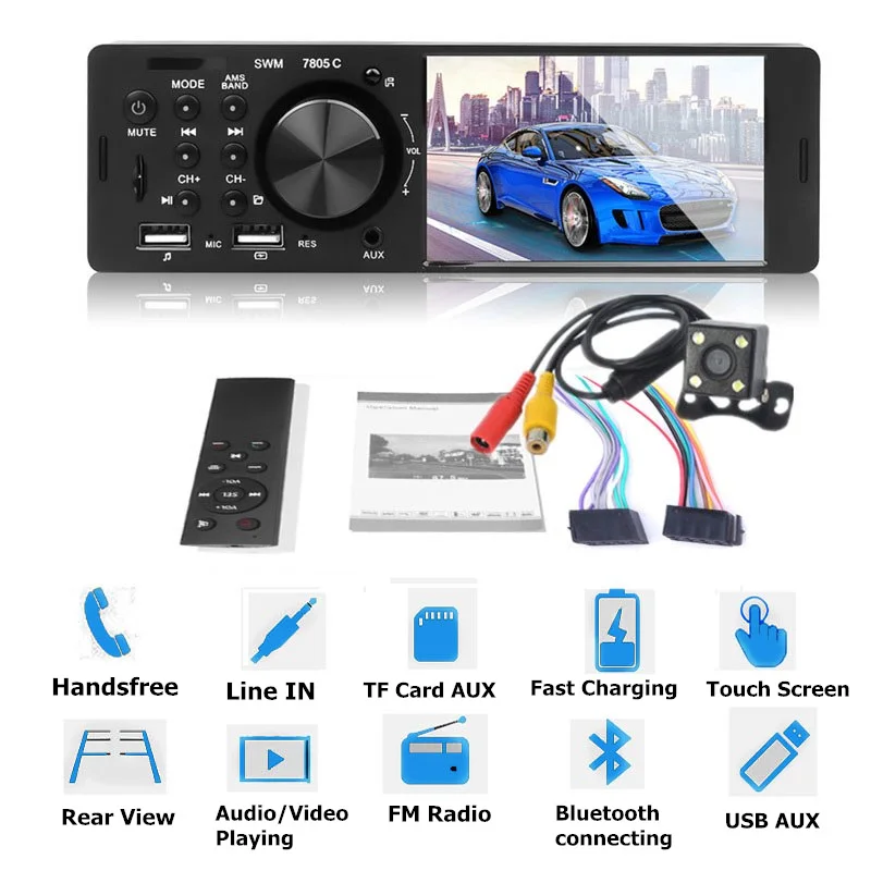 

1 Din 4.1 inch Touch screen Car MP5 Radio Video Audio Player Bluetooth Handsfree TF Card Reading Support Rear View Camera
