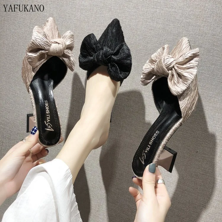 

Women Mules Slippers Med Heel Sandals Summer Slip On Slides Brand Butterfly Loafers Flip Flops Shoes Outdoor Slipper