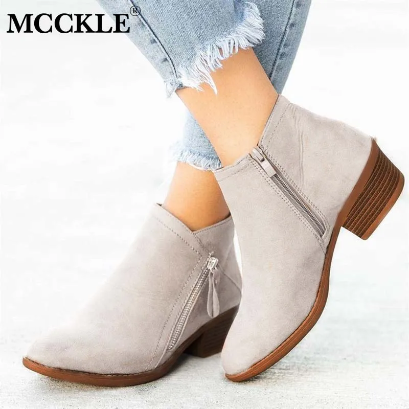 MCCKLE-Botines de piel aterciopelada para mujer, botas cortas Retro de tacón medio, con cremallera y punta estrecha, de talla grande, para invierno