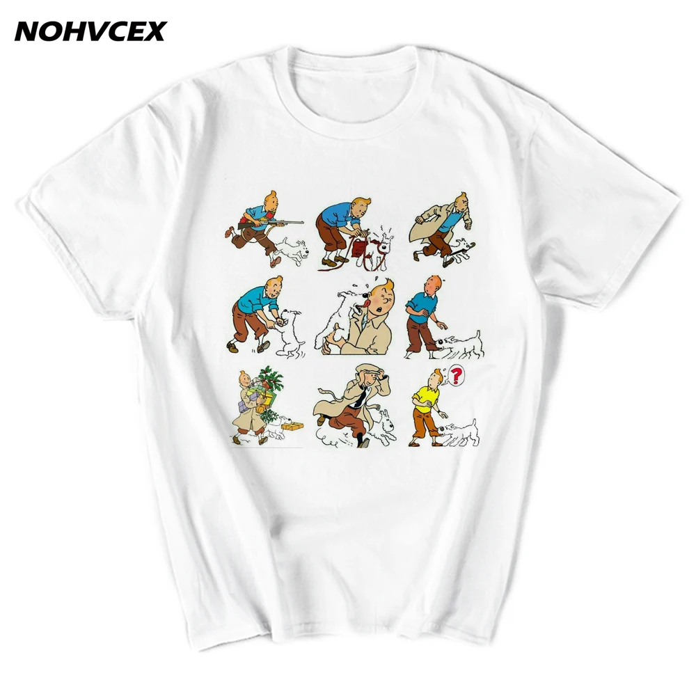 Новый дизайн Хлопковая мужская футболка Tintin Adventure с классическим анимационным