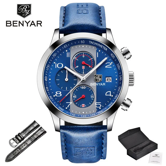 blue BENYAR новые модные спортивные часы с хронографом для мужчин с кожаным ремешком брендовые деловые кварцевые синие мужские наручные часы Relogio Masculino - Color: blue