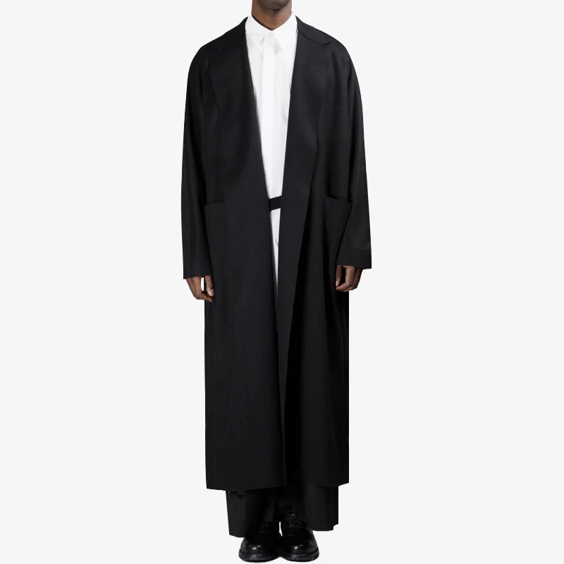 

Black Simple Falling Shoulder Loose Fringed Extra Long Profile Autumn/Winter Woolen Coat