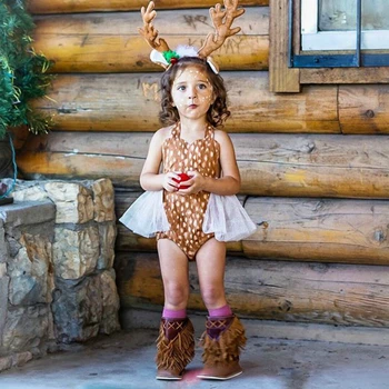 

2020 New Christmas Newborn Baby Lace Tutu Romper Sleeveless Cartoon Elk Cosplay Party Playsuit+Headwear 2Pcs