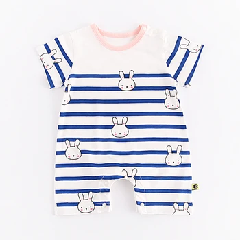 

Adorable Panda Rabbit Print Stripes Short Sleeves Jumpsuit for Baby Shoulder and Bottom Snap Color Block Breathable and Comfy
