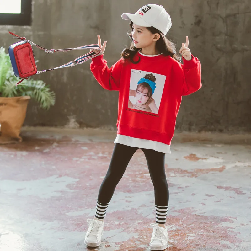 Комплект одежды для девочек-подростков; Повседневный Спортивный костюм для малышей; детская одежда; школьный костюм для девочек; хлопковая одежда для маленьких девочек; комплекты с леггинсами - Цвет: Красный