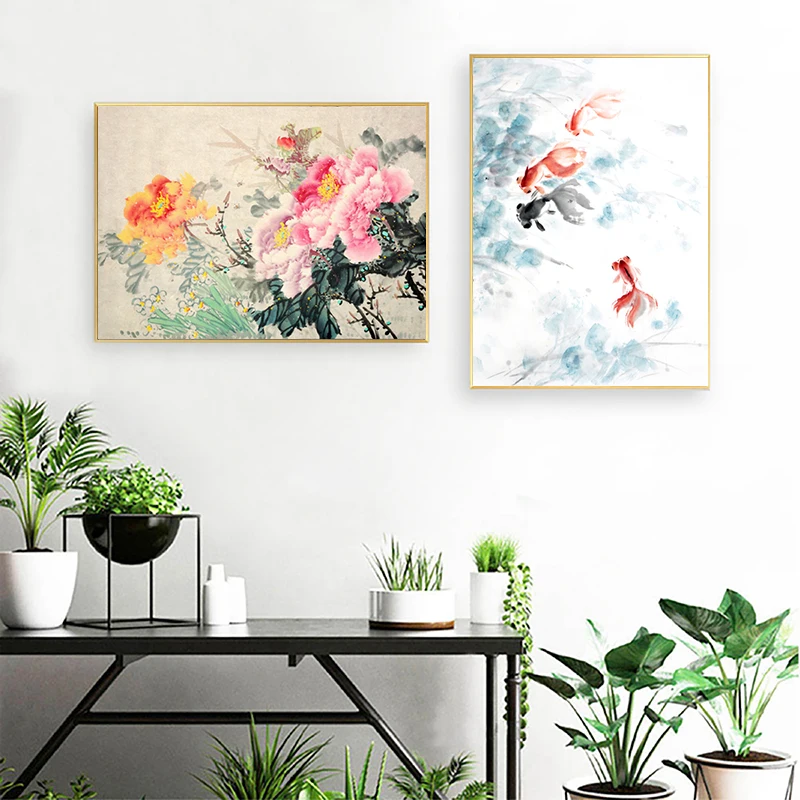 Peony Flowers Chinese ink Painting On Canvas Poster Asian Fish Traditional Wall Art Prints Pictures for Living Room Home Decor