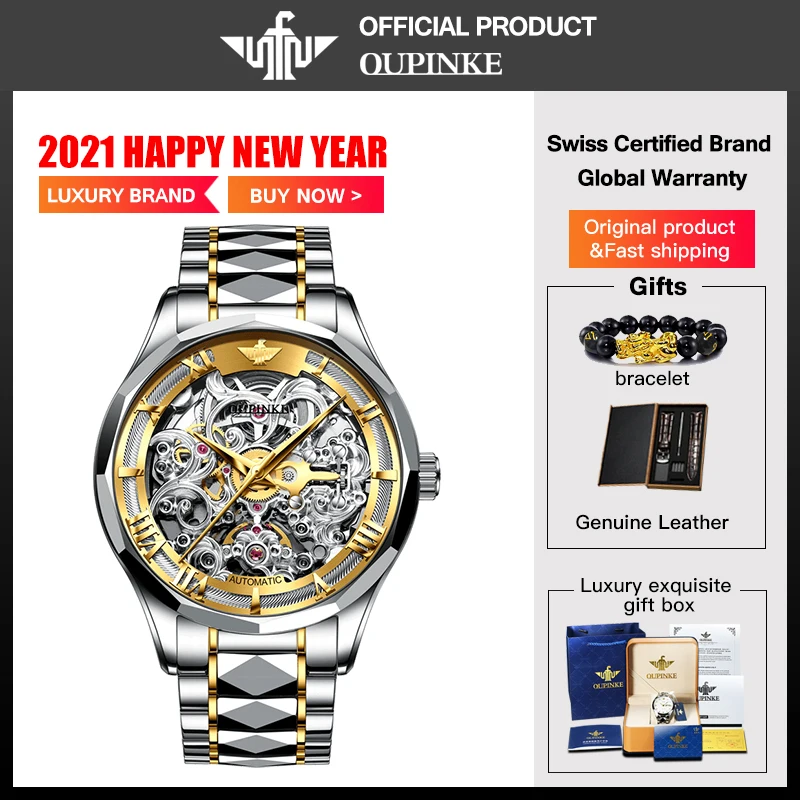 US $219.10 OUPINKE Top Brand Luxury Men Automatic Mechanical Watch Skeleton Tungsten Steel Waterproof SelfWind Sapphire Glass Wristwatch